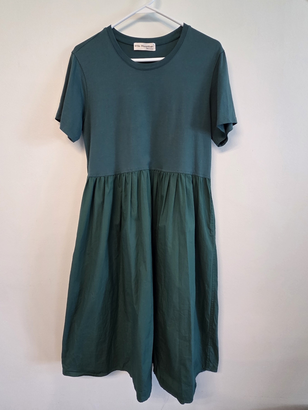 Little Mountain Green Combination Midi Dress T-Shirt Poplin Skirt Minimalist L
